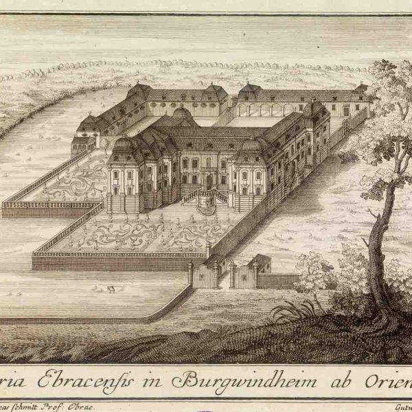 Burgwindheim Castle with village lake (engraving by Balthasar Gutwein from 1738)